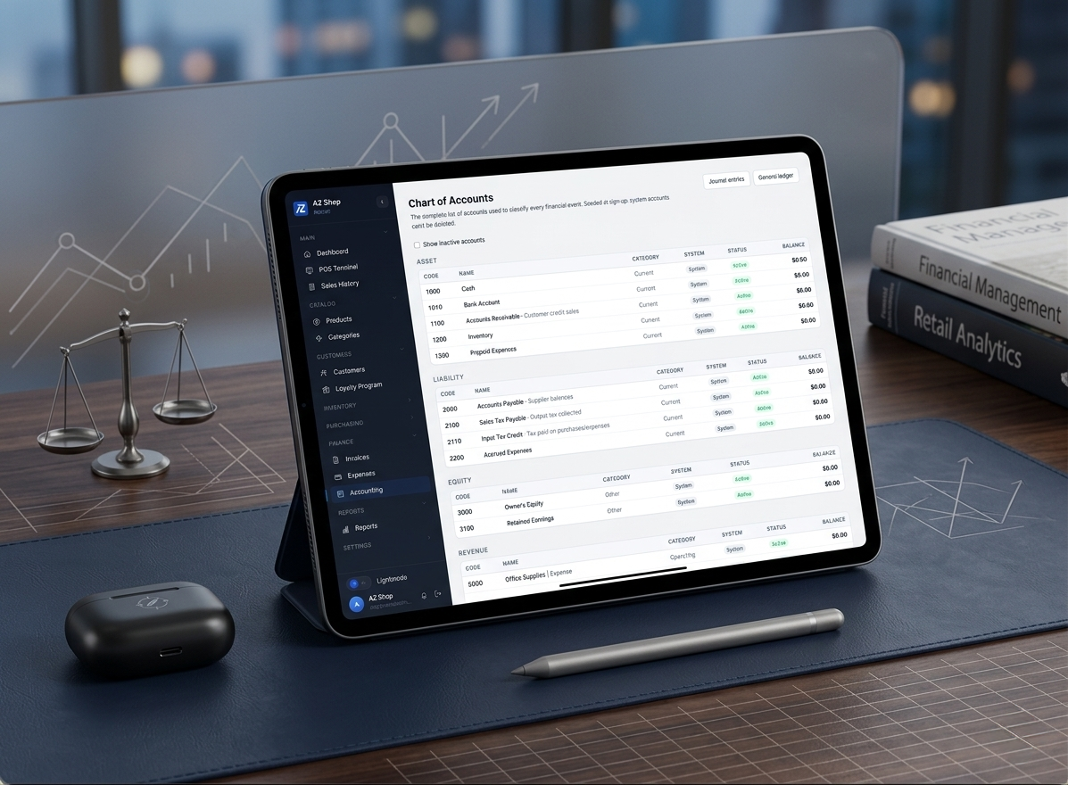 The AZ POS chart of accounts on a tablet, grouped into assets, liabilities, equity and revenue.