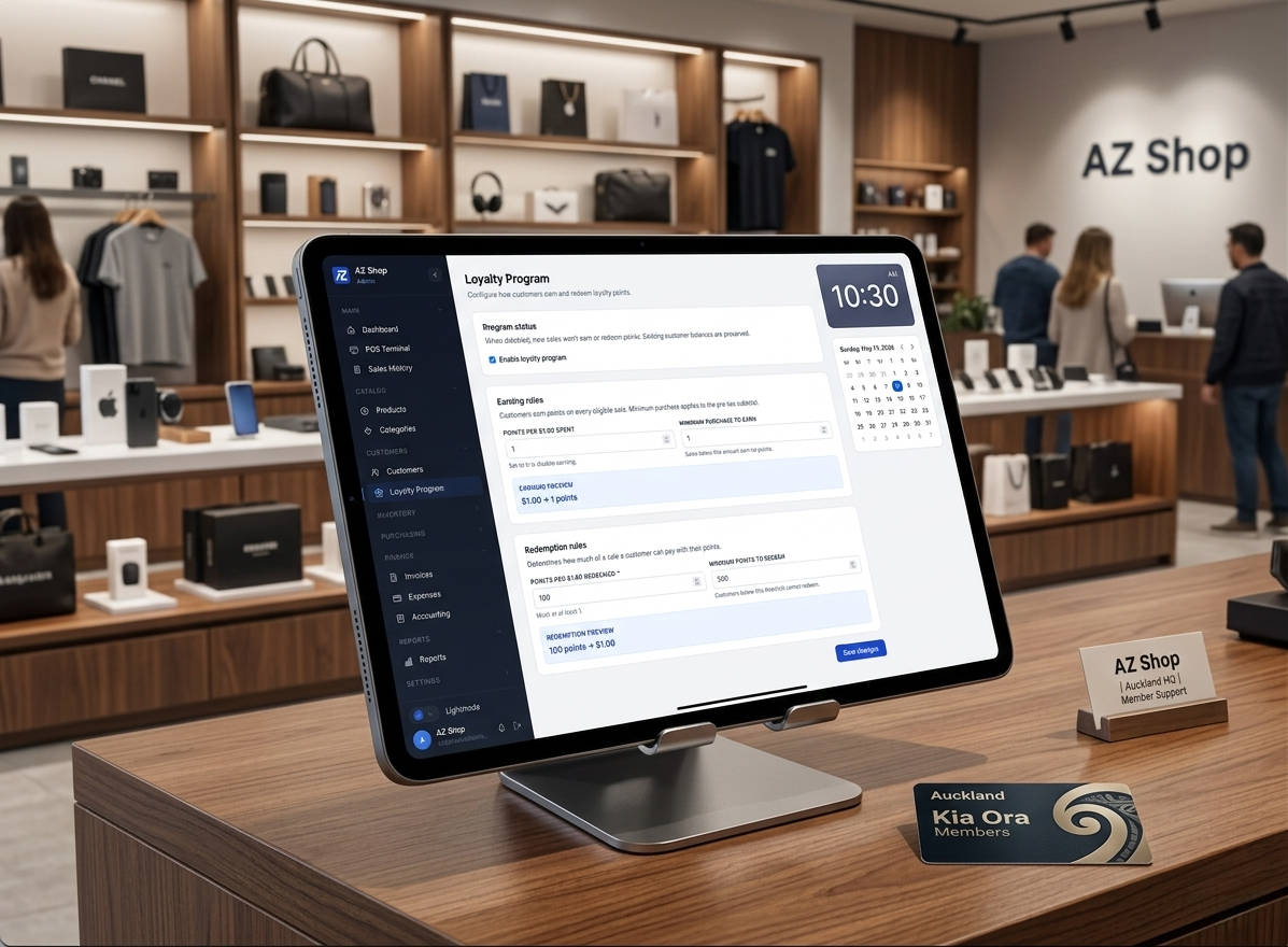 AZ POS loyalty programme settings on a counter tablet in a clothing and electronics store, showing earning and redemption rules.