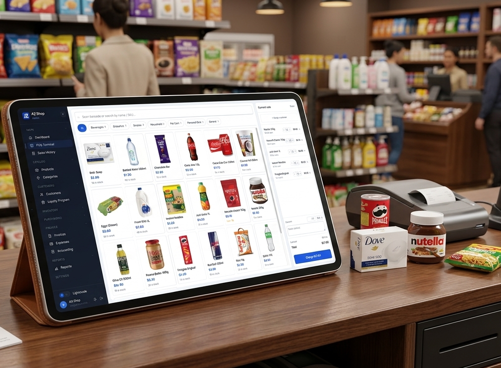AZ POS checkout on a tablet at a shop counter, with a grid of products and prices beside the current sale.