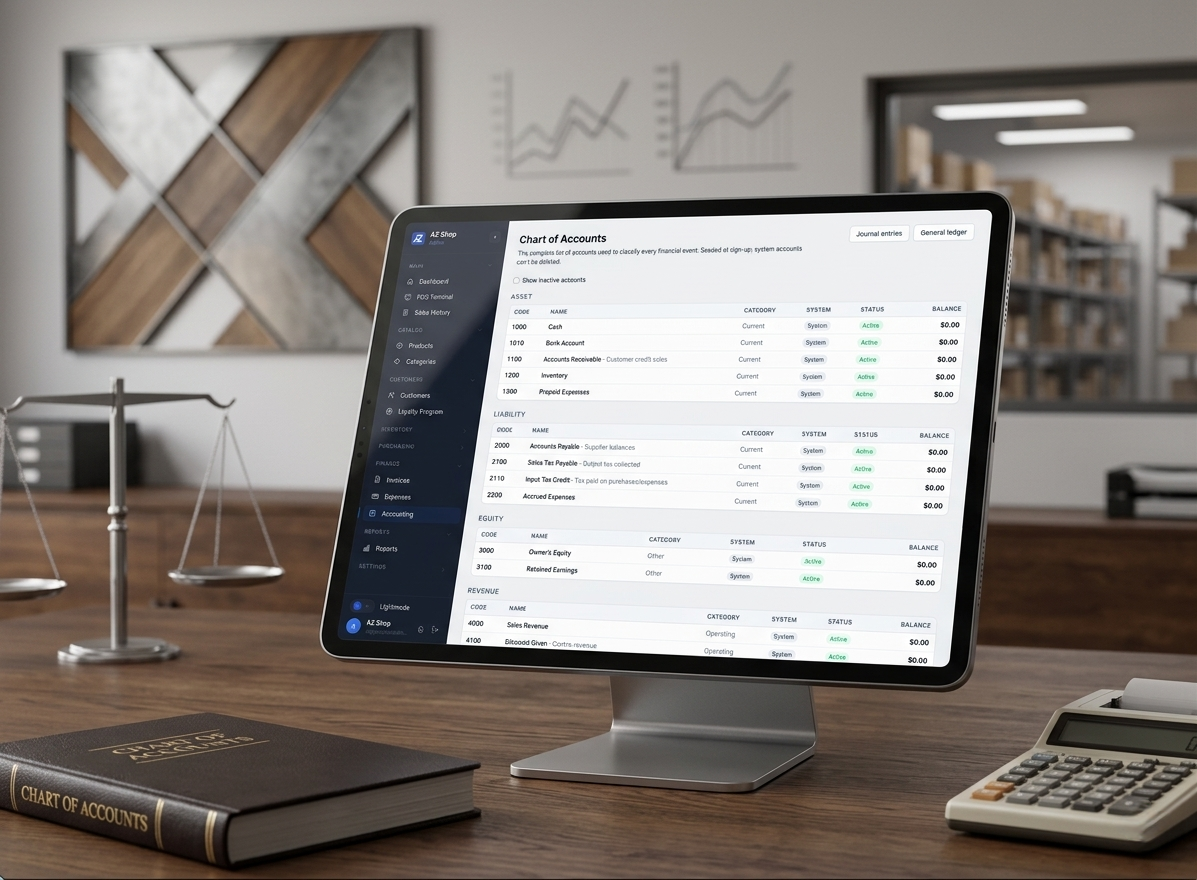 The AZ POS accounting screen on a desktop monitor, listing the chart of accounts with codes, categories and balances.